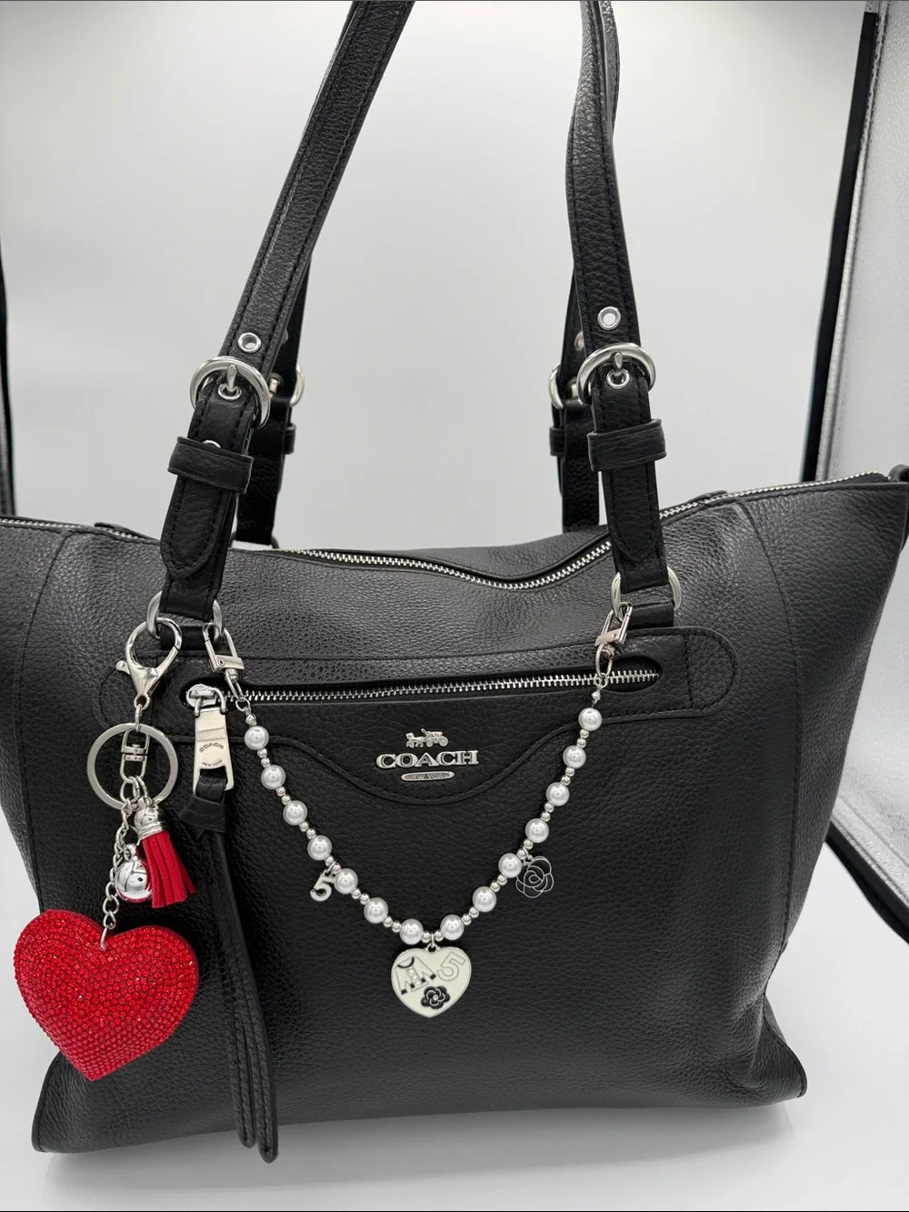 Coach Black Pebbled Leather Tote with Red Heart Charm
